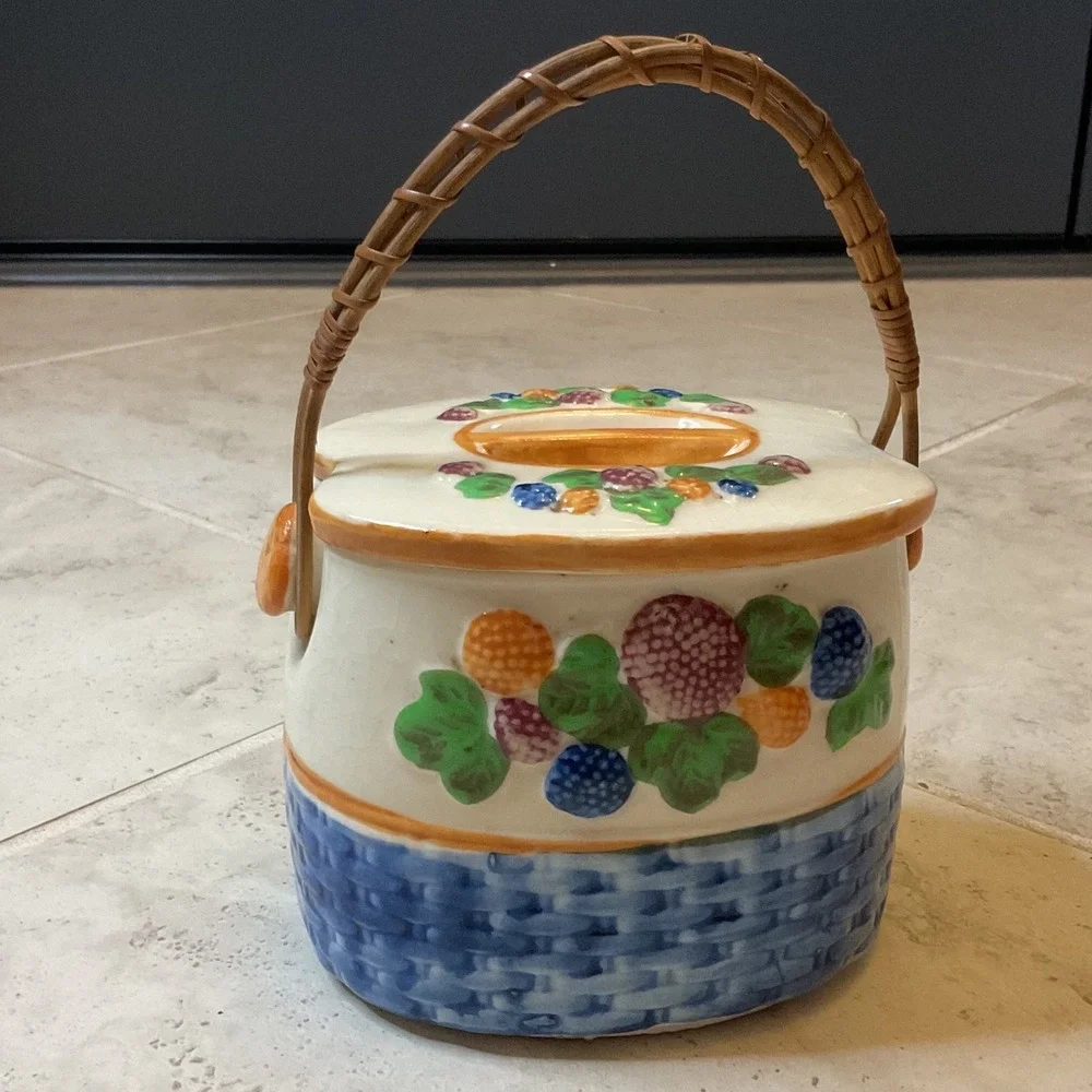 Vintage Ceramic Berry Basket Cookie Jar Made in Japan Wicker Handle Hand Painted